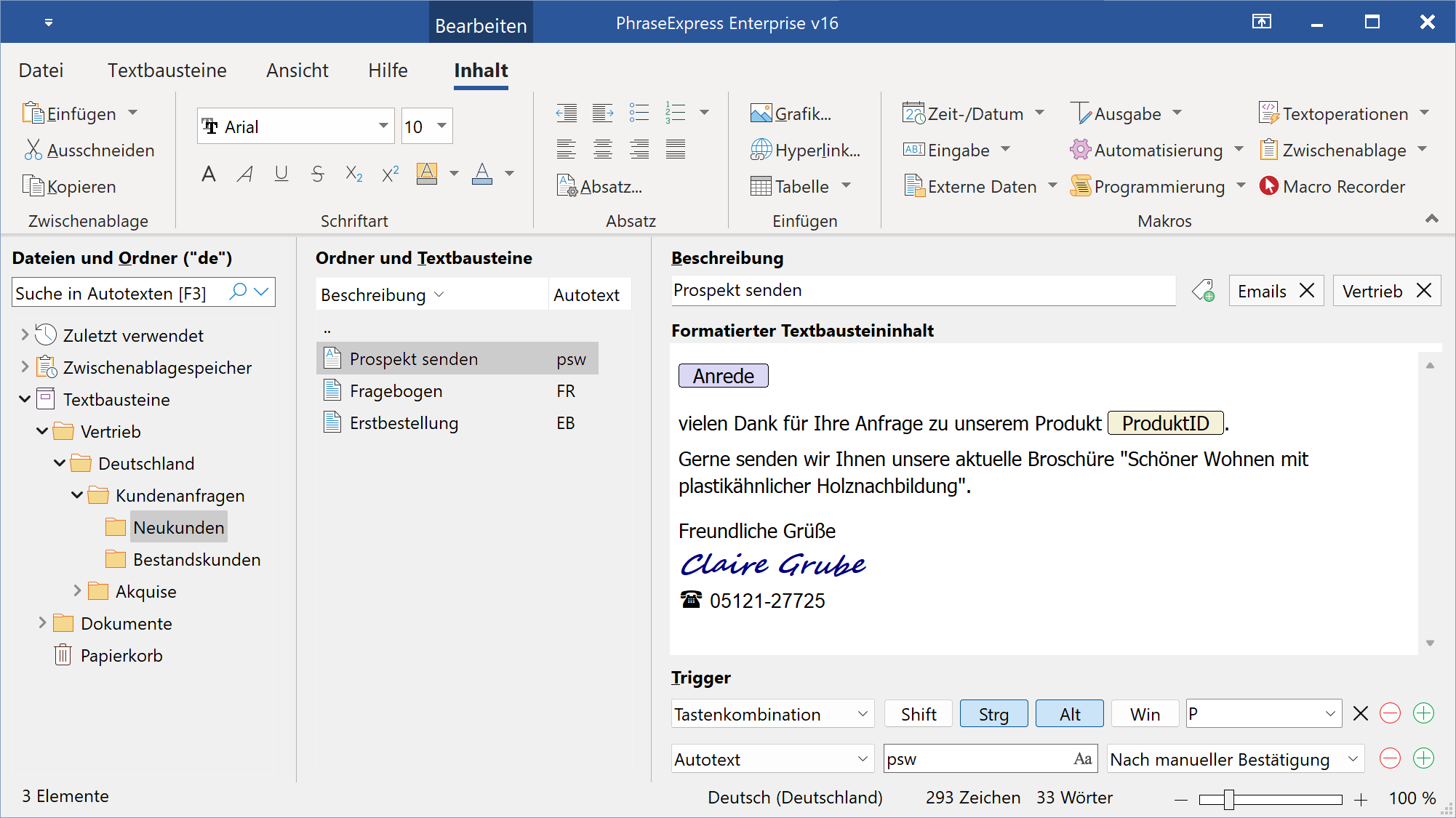 Screenshot vom Programm: PhraseExpress Textbausteinverwaltung