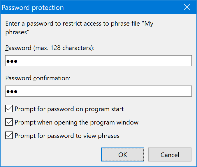 Phrases can be AES encrypted with password protection