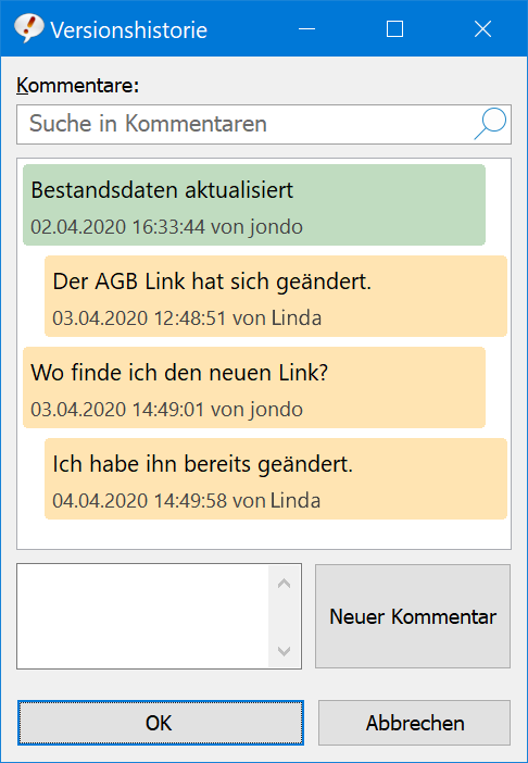 Die Textbaustein-Versionshistorie kann um Kommentare ergänzt werden.