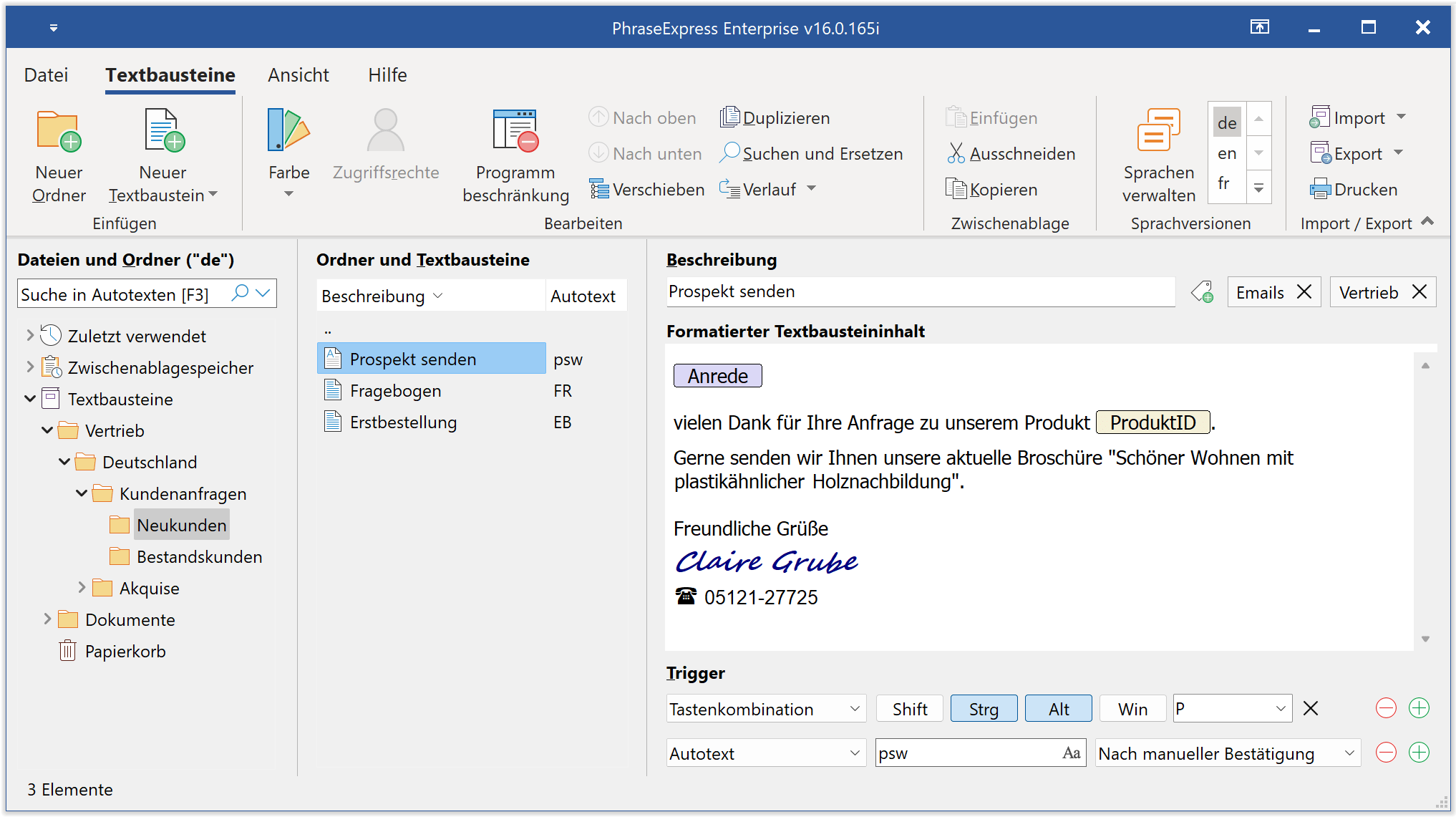 Hauptprogramm mit alternativer Anzeigeoption, die Textbausteine und Textbausteinordnerstruktur voneinander getrennt zeigt.