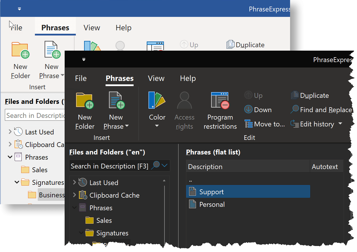 PhraseExpress supports the dark mode with adapted icons