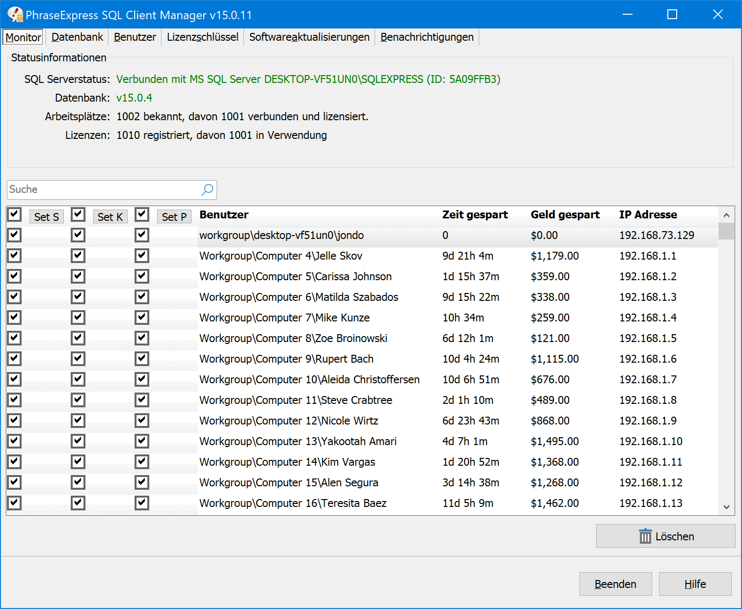 Der SQL Client Manager verwaltet Benutzer, Lizenzen und Einstellungen, wenn Textbausteine auf einem Microsoft SQL-Server gehostet werden.