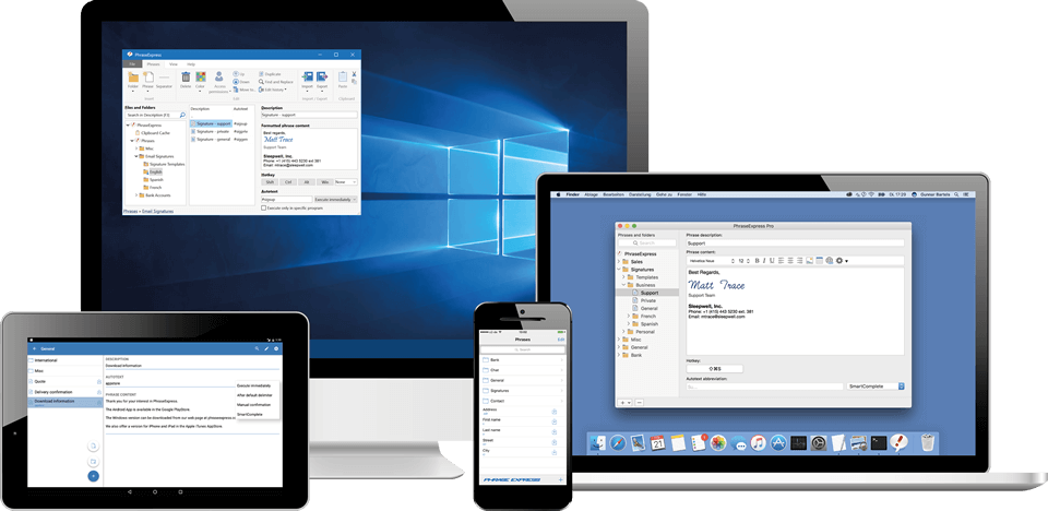 PhraseExpress is available for Windows, Mac and iPhone/iPad Multiplattform compatibility illustration