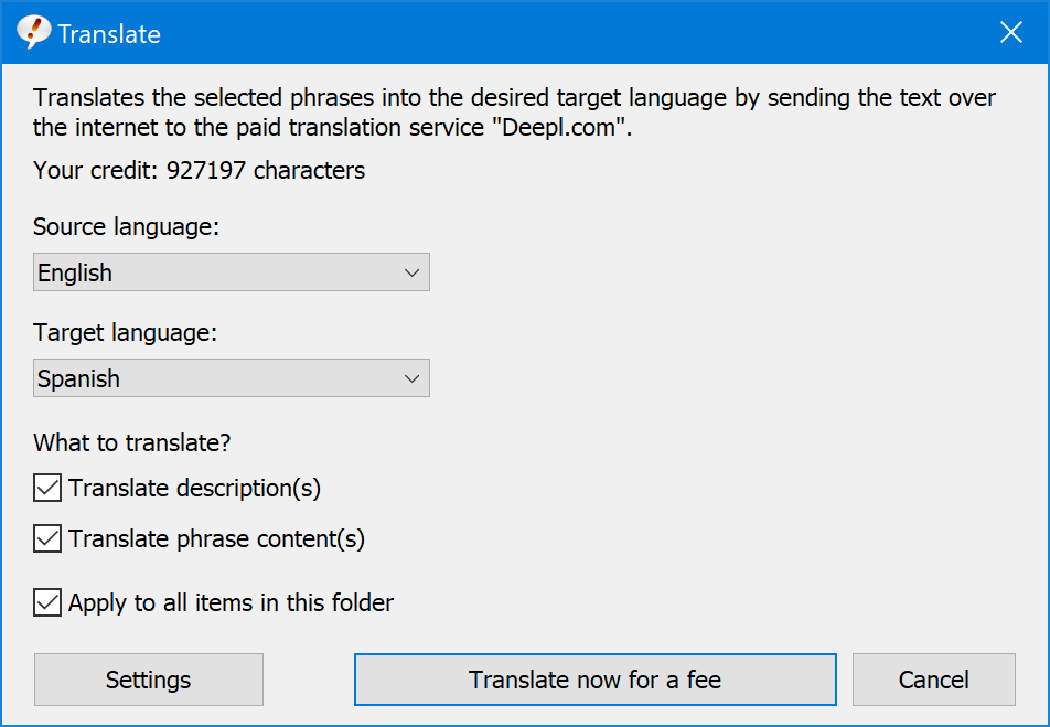 PhraseExpress supports AI based language translation service