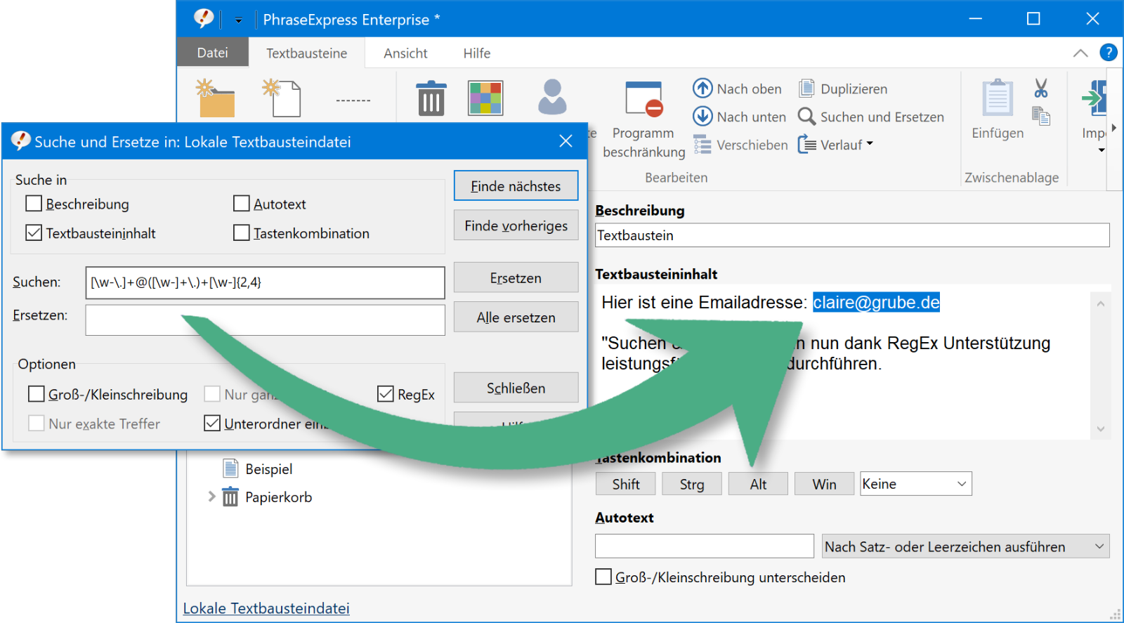 Führen Sie RegEx Suchen in Ihrer Textbausteindatenbank durch