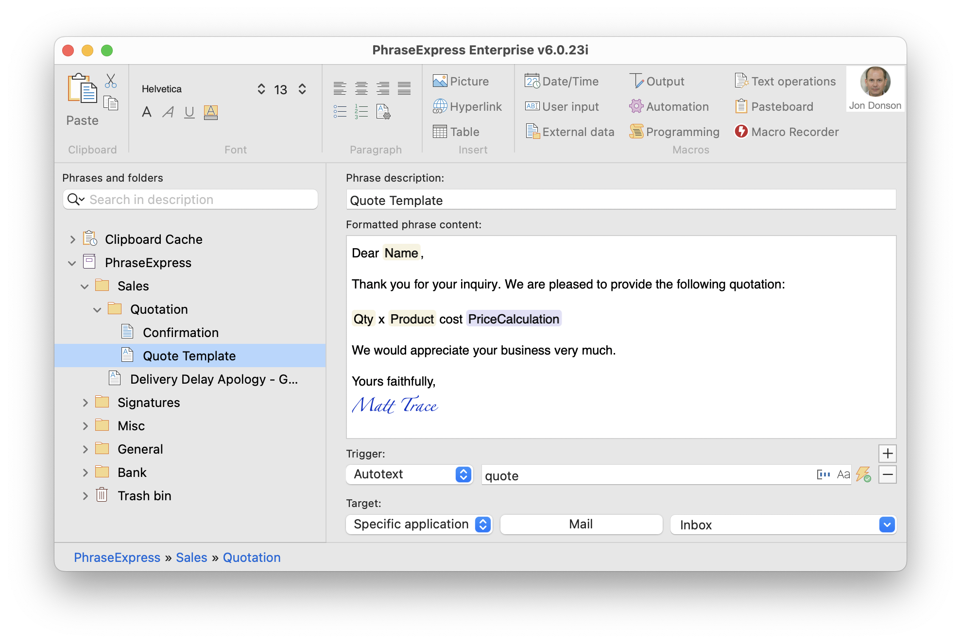 Phrases are organized in a customizable folder structure. screenshot