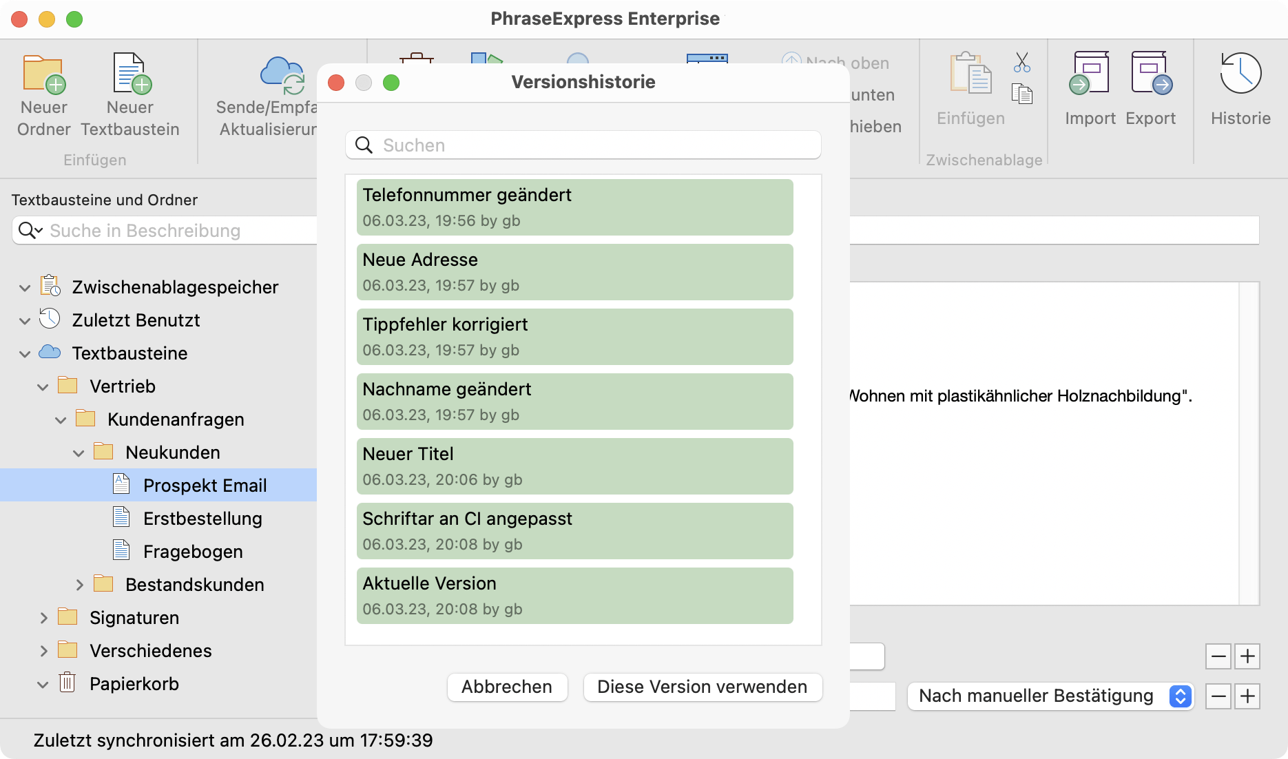 PhraseExpress kann frühere Bearbeitungsversionen jedes Textbausteins wiederherstellen