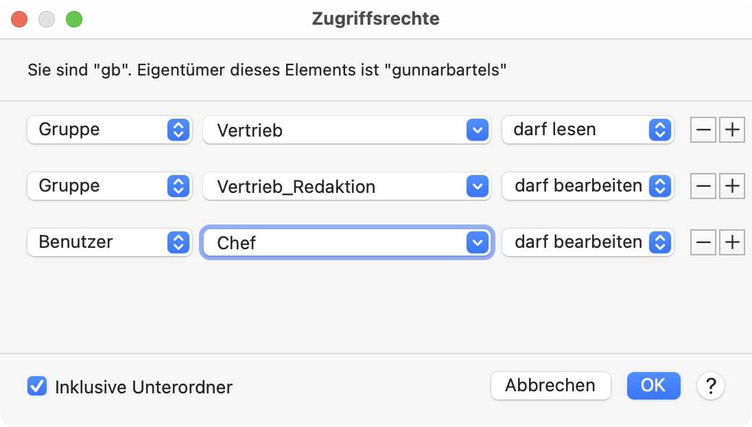 Der Zugriff kann für jeden Textbausteinordner auf bestimmte Benutzer, Arbeitsgruppen oder Domänen beschränkt werden.