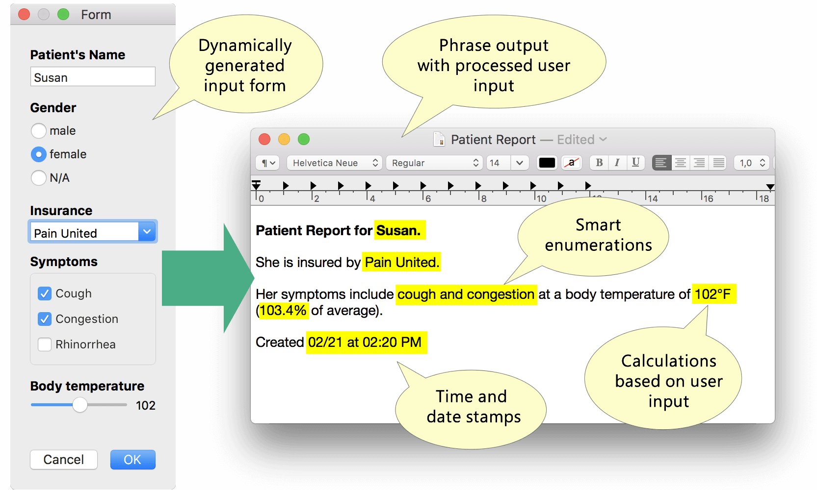Forms collect user input, that is processed and embedded into the phrase output. screenshot