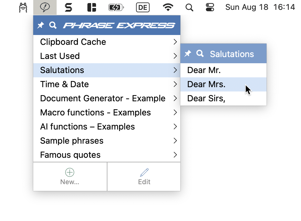 Handy phrase menu for instant phrase access screenshot