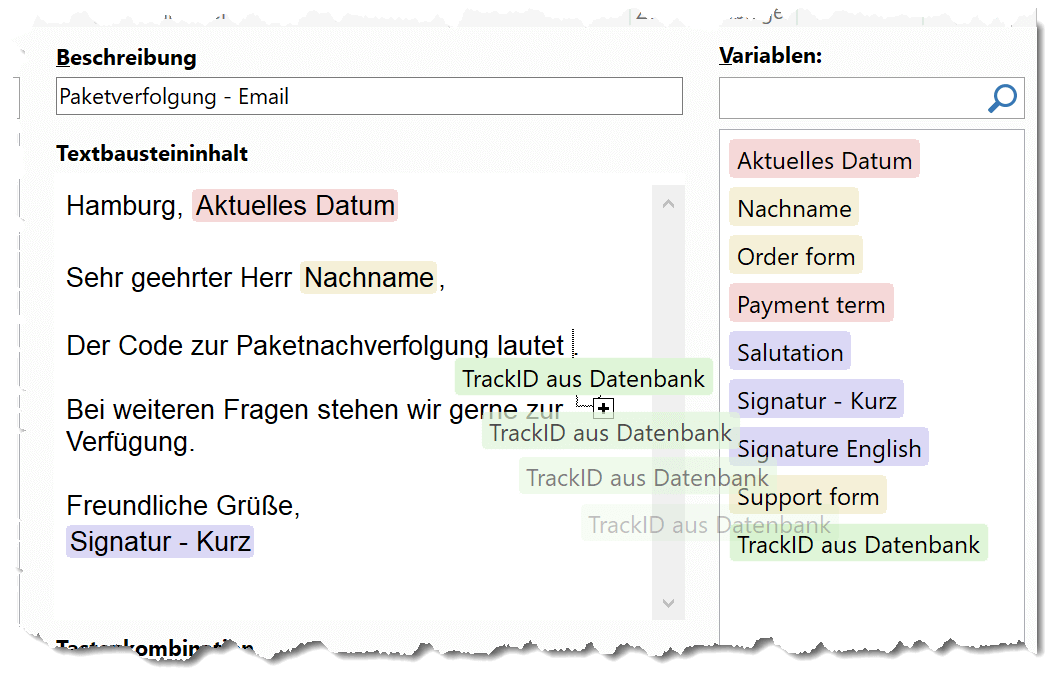 Zentral verwaltete Makros lassen sich in Textbausteinen per Drag & Drop einfügen. Zentral verwaltete Makros lassen sich in Textbausteinen per Drag & Drop einfügen.