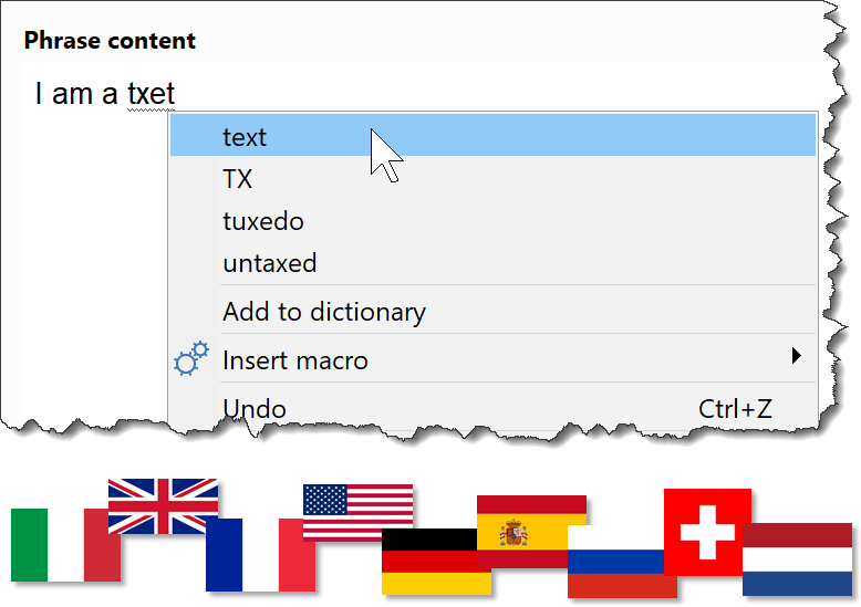 PhraseExpress now checks spelling in your phrases in nine languages.