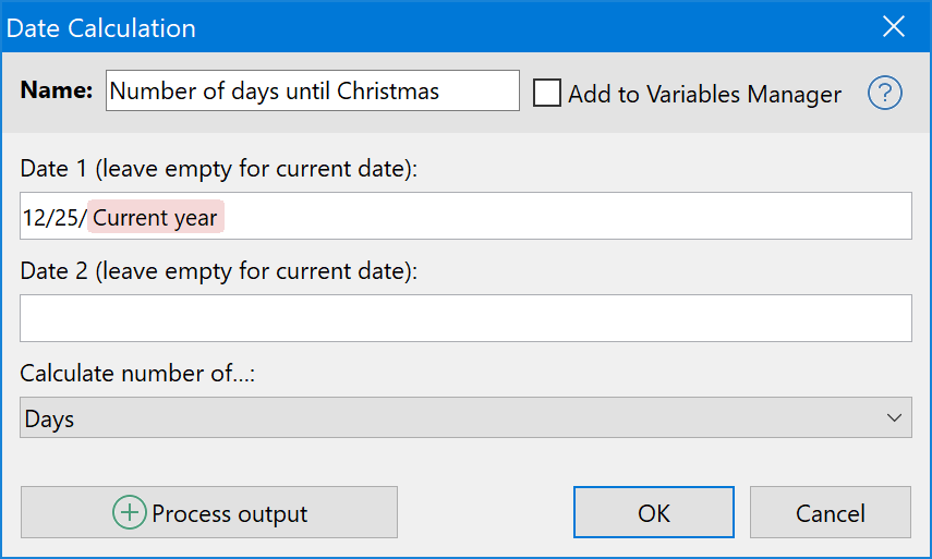 PhraseExpress can now calculate the number of days, weeks, months, years or work days between two provided dates.