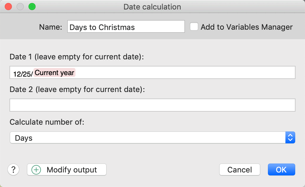 PhraseExpress can calculate the number of days, weeks, months, years or work days between two provide dates.