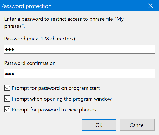 Phrases can be AES encrypted with password protection Phrases can be AES encrypted with password protection