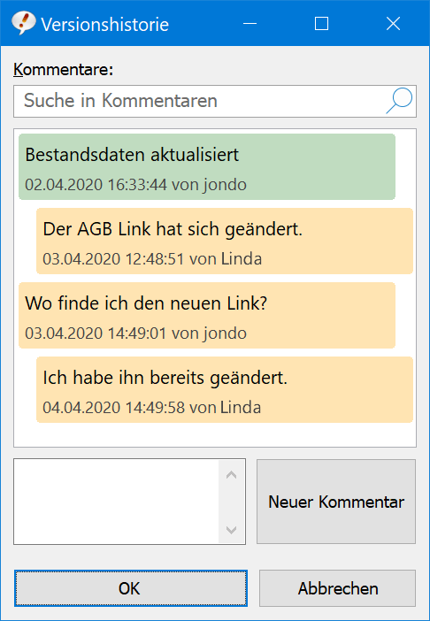 Mit der Chatfunktion können Textbausteininhalte im Team diskutiert und frühere Versionsstände wiederhergestellt werden.