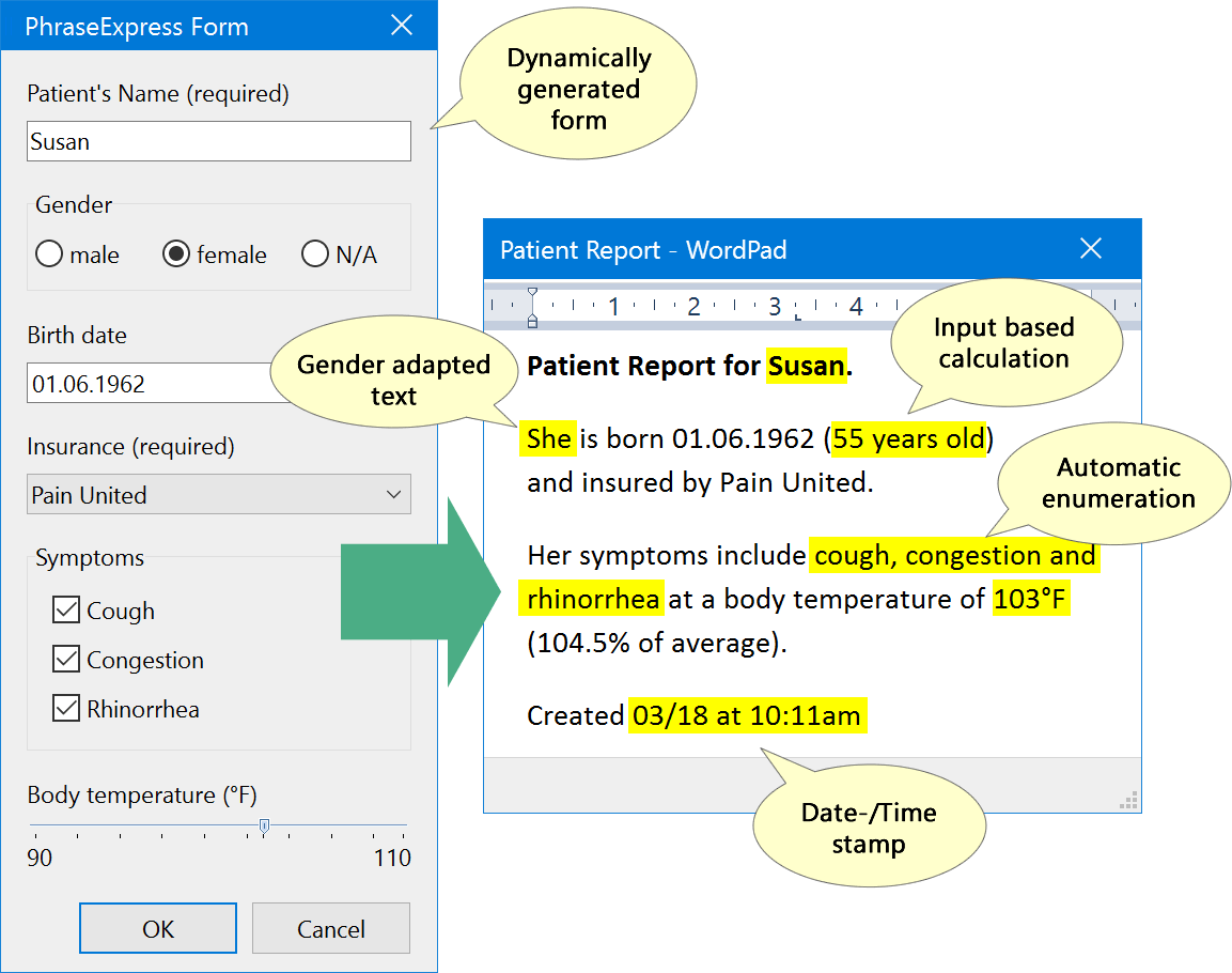 Custom forms can embed user input into the text template. Custom forms can embed user input into the text template.