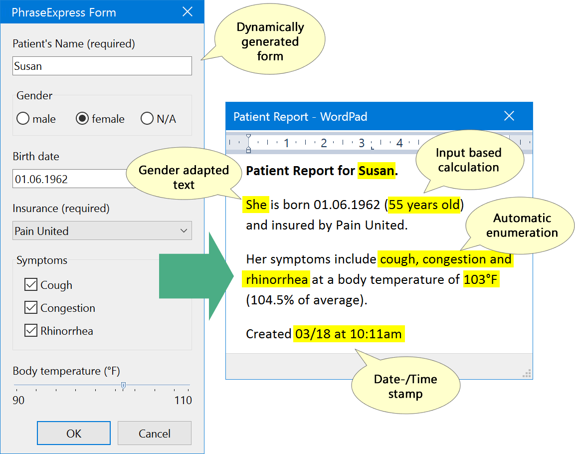 Custom forms can embed user input into the text template.