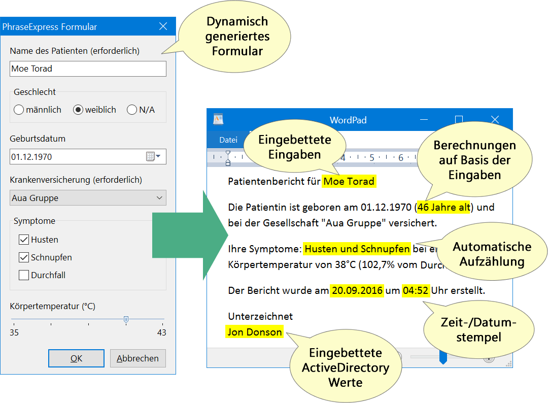 Textbausteine lassen sich um Anwendereingaben erweitern, die in den Textbaustein eingebettet werden