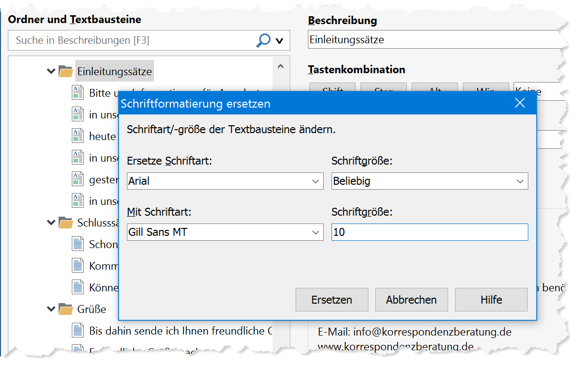 In einem Arbeitsschritt können Sie die Schriftformatierung, oder -größe aller oder bestimmter Textbausteine ändern