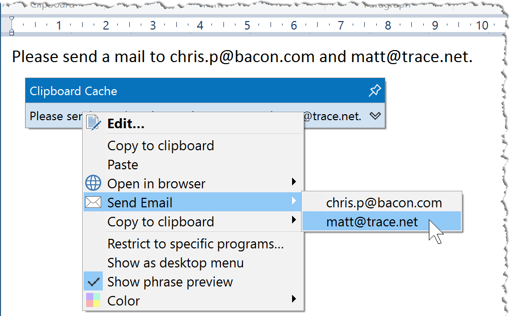 The clipboard manager can extract email address from the clipboard content to provide powerful extra functions.