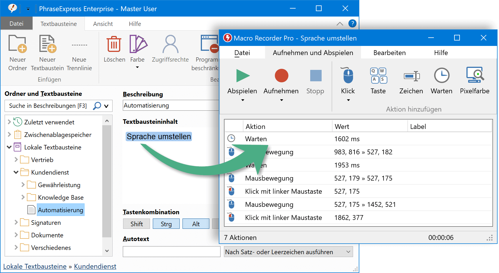 PhraseExpress kann Automatisierungen der externen Automatisierungslösung Marco Recorder einbetten