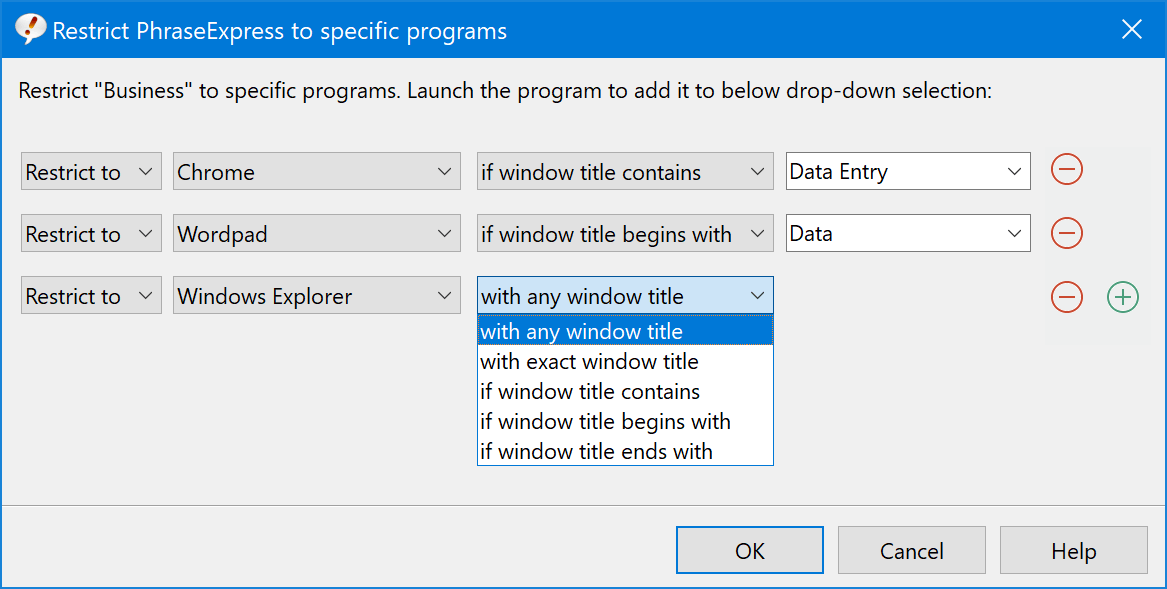 Restrict the scope of specific phrases to a customizable set of target applications.