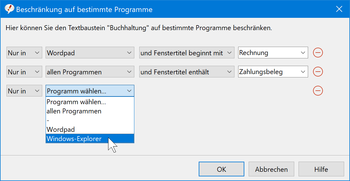 Textbausteine lassen sich auch auf bestimmte Programme beschränken