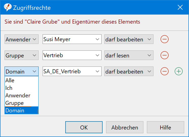 Der Textbausteinzugriff kann auf bestimmte Benutzer, Arbeitsgruppen oder Domains beschränkt werden.