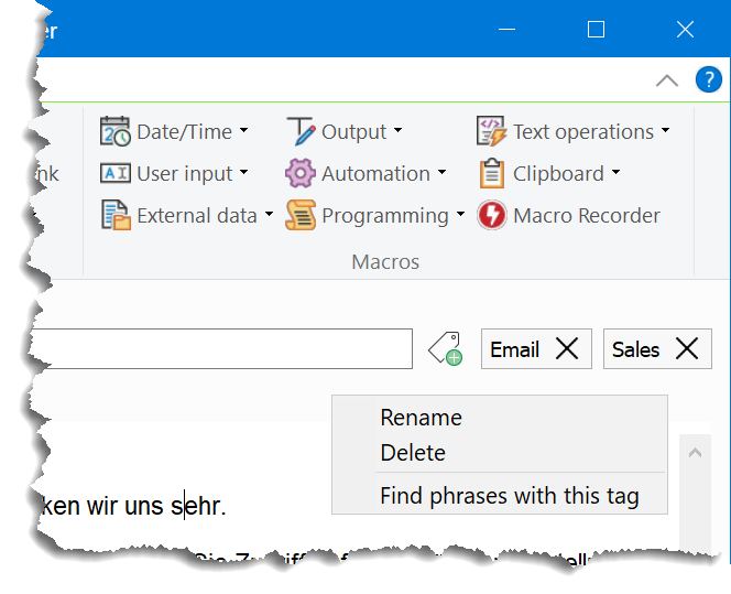 Phrases can be grouped & searched by tags.