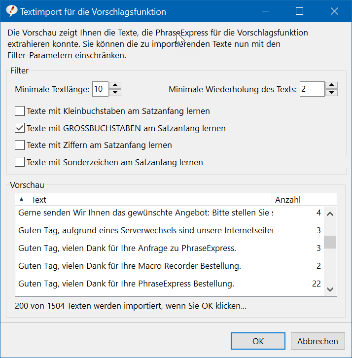 Die Textvorschlagsfunktion kann mit bestehenden Dokumenten oder Outlook E-Mails angelernt werden.