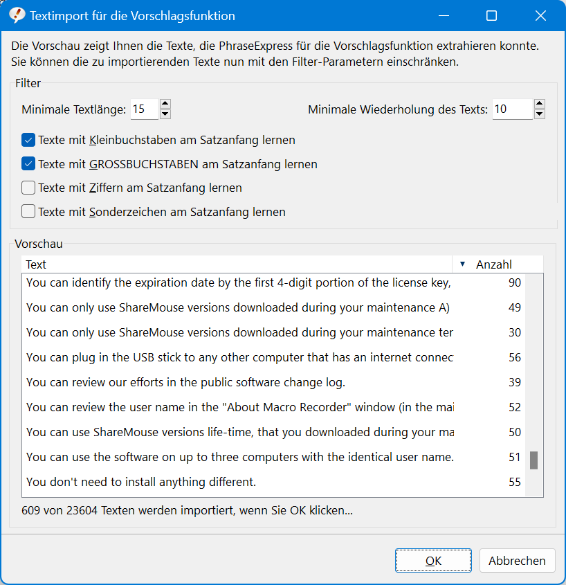 PhraseExpress kann gesendete Outlook-E-Mails analysieren und aus wiederholt verwendeten Sätzen Textbausteine generieren.