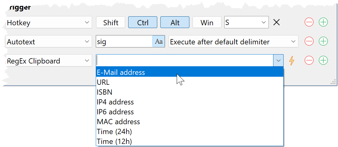 Phrases can be triggered by hotkeys, autotext, time-scheduled or executed if the clipboard contains specific contents