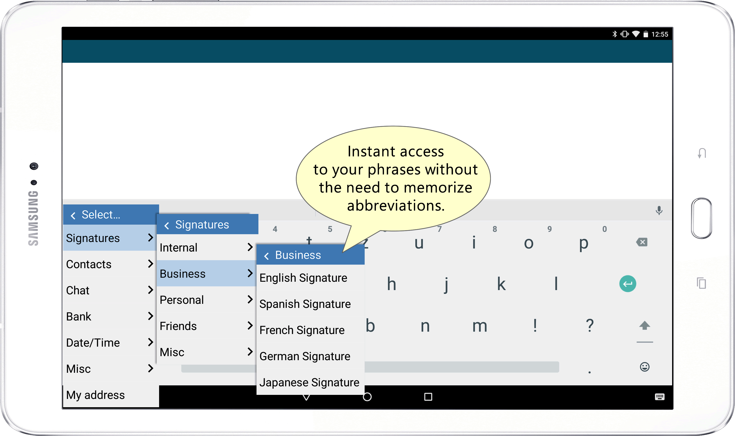 Popup menu to insert phrases
